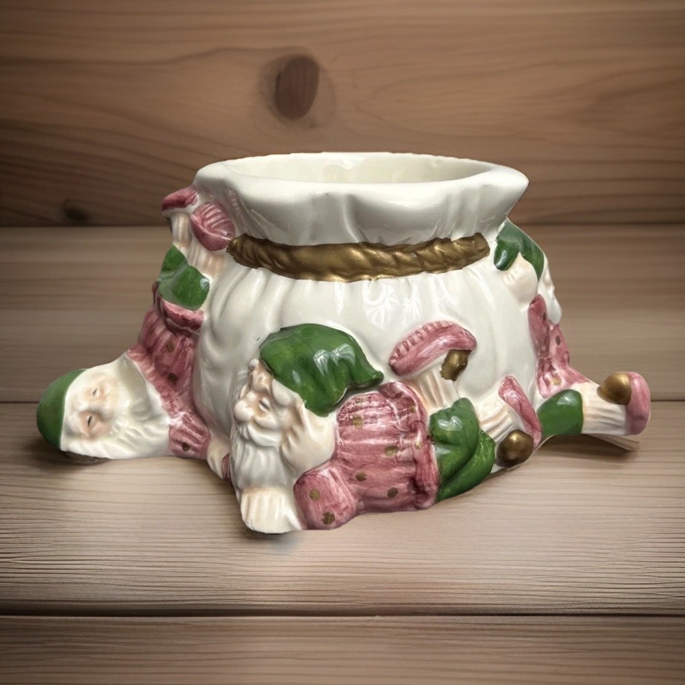 Vintage Holland Floral 1992 Ceramic Gnome Santa Sack Planter Vase Christmas 3D